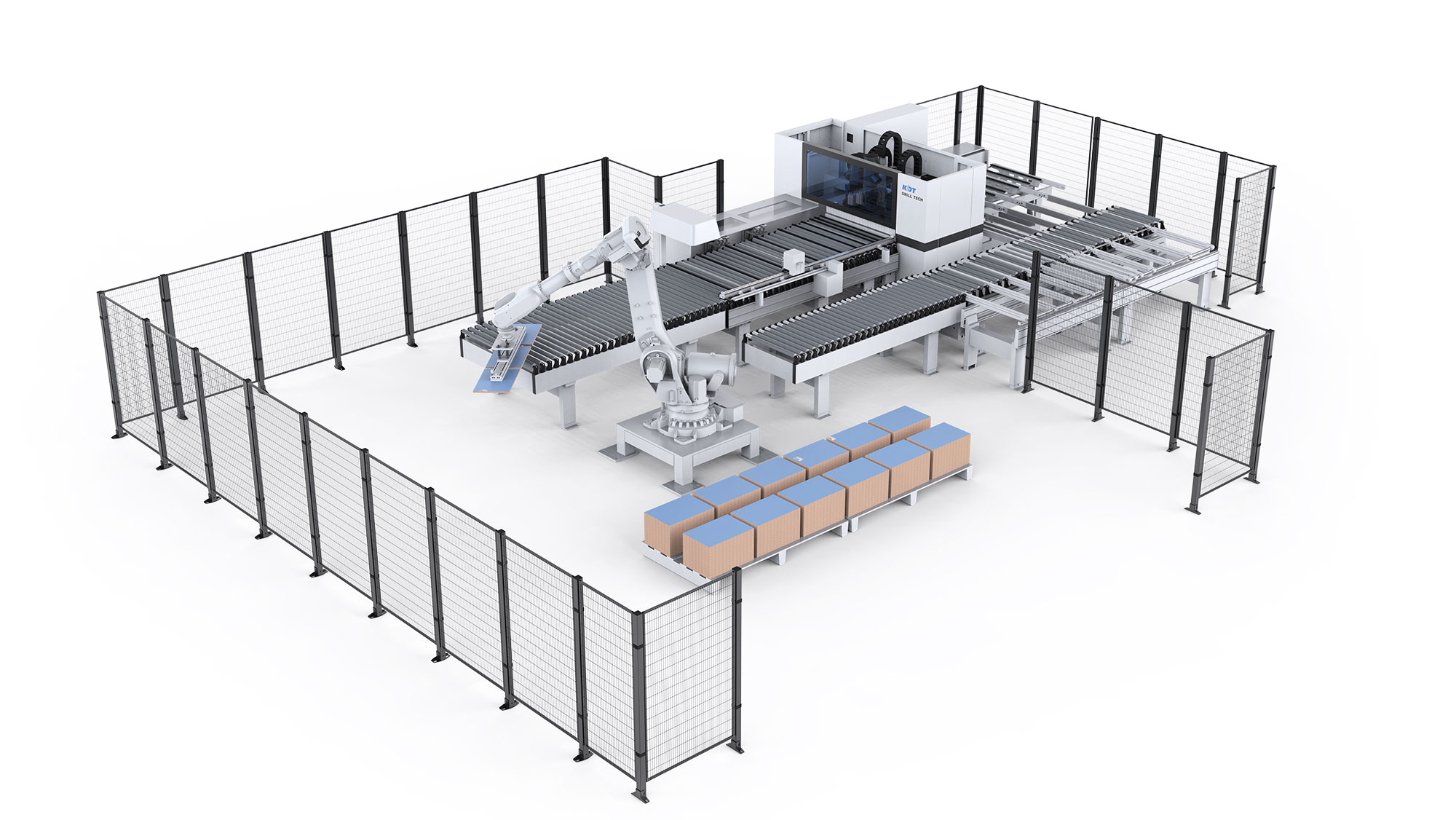 Línea taladro CNC KDT con retorno y robot de carga y descarga