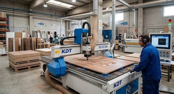 Centro de mecanizado CNC KDT trabajando tablero de madera en fábrica de muebles