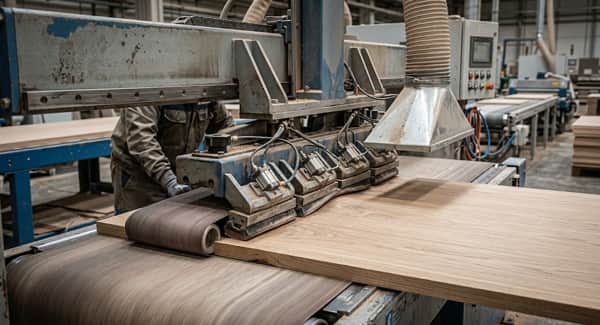 Detalle de lijadora de patín seccionado procesando tablero de madera en producción industrial