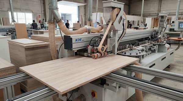 Encoladora de cantos industrial KDT aplicando canto en panel para mueble de cocina