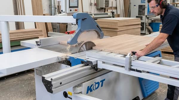 Escuadradora KDT realizando corte de precisión en tablero de madera con carro deslizante