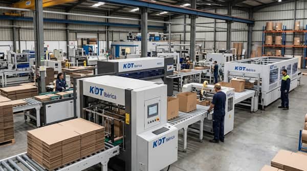 Línea de maquinaria para cartón KDT Ibérica con selladora, troqueladora y formadora de cajas en planta industrial