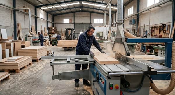 Máquina industrial para cortar madera en funcionamiento dentro de una fábrica de muebles