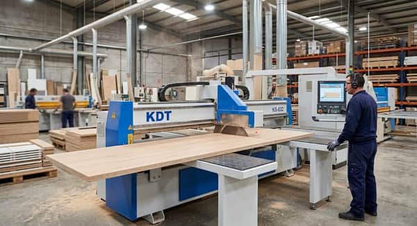 Seccionadora automática KDT cortando tablero en planta de fabricación de muebles