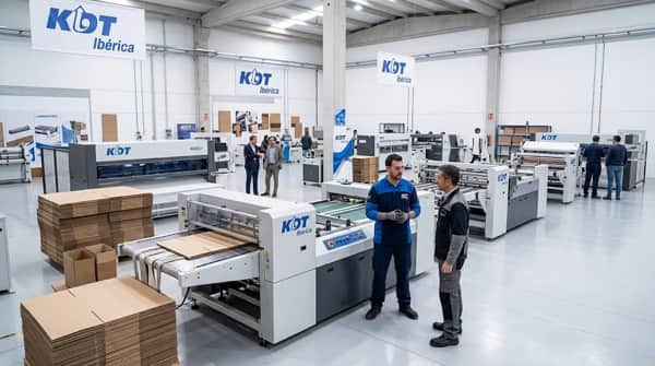 Showroom KDT Ibérica con maquinaria para cartón expuesta y técnico asesorando a cliente industrial