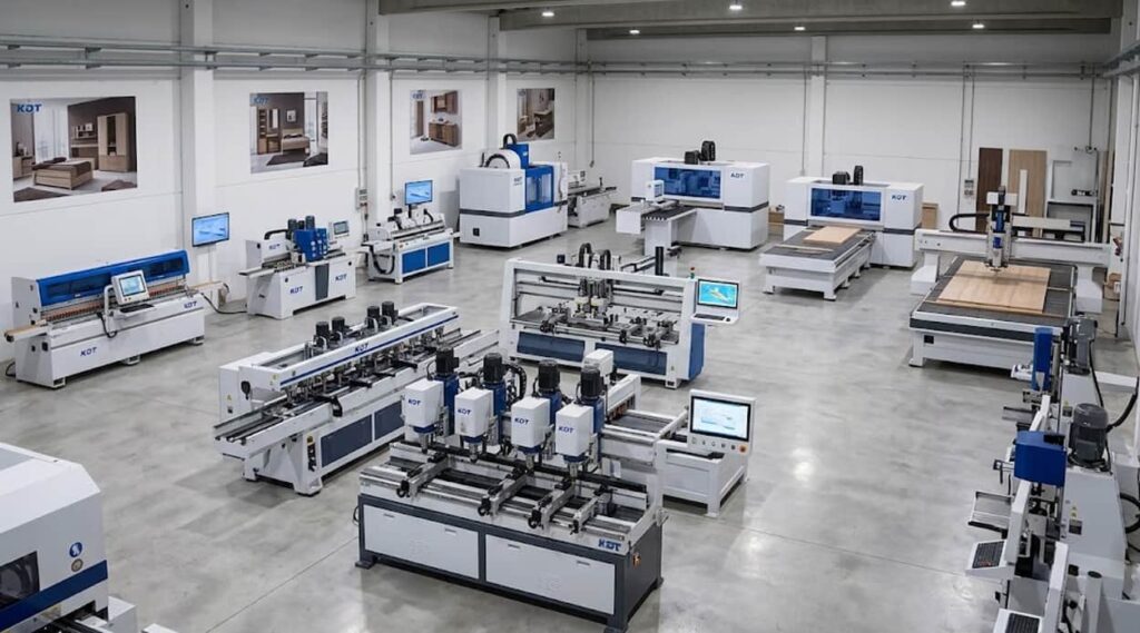 Vista general de la gama de taladros mecanizados KDT Ibérica en showroom, incluyendo modelos CNC, múltiples y clavijadores
