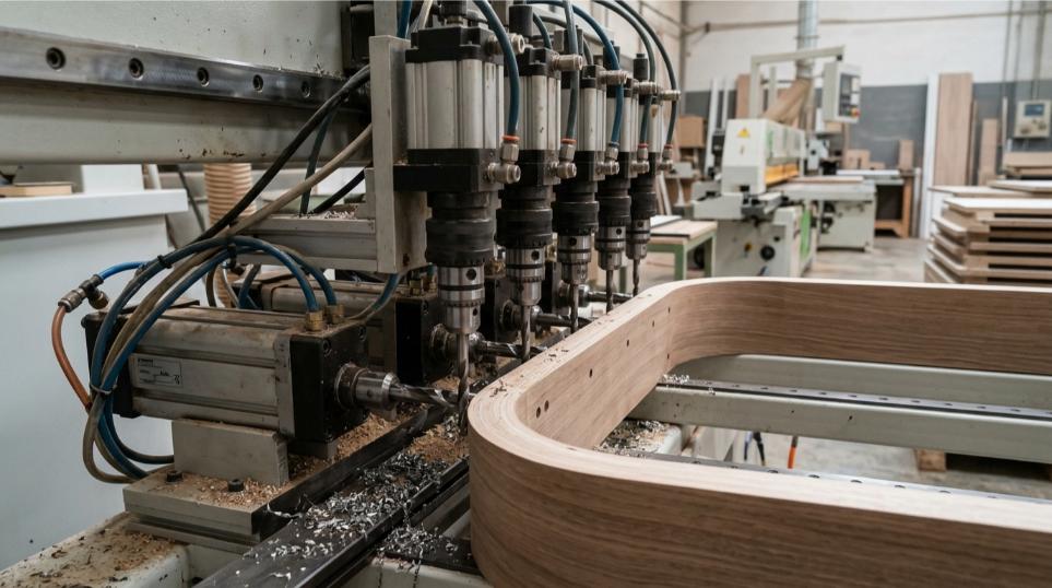 Detalle de cabezales de taladro múltiple horizontal para madera en fábrica de muebles