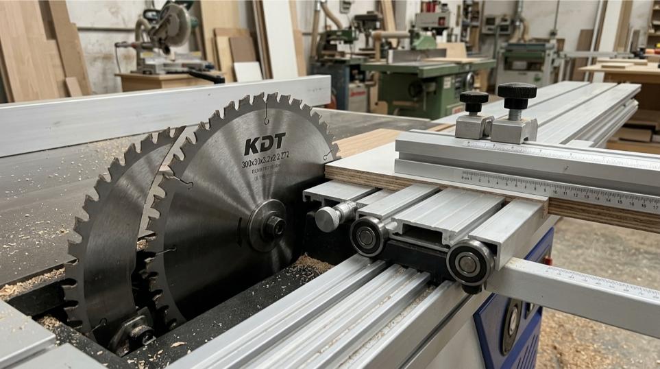 Detalle del disco de sierra circular de una escuadradora KDT con guía de precisión para carpintería