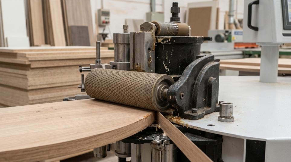 Detalle del rodillo presor y unidad de cola de una chapadora de cantos curvos industrial KDT