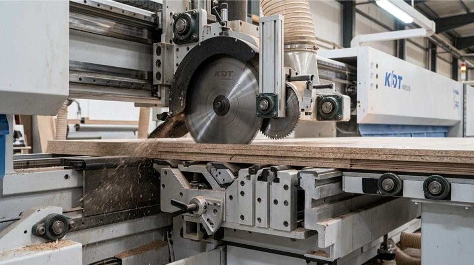 Detalle del sistema de corte de alta precisión en seccionadora de madera KDT para producción en serie