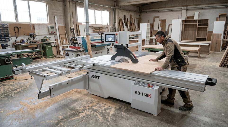 Escuadradora de madera industrial KDT modelo KS-138K con carro deslizante en taller profesional