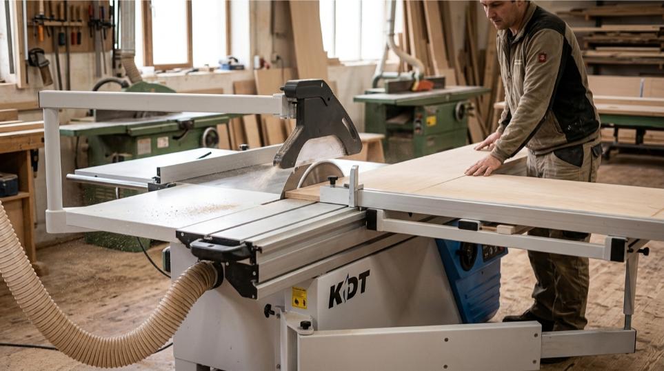 Escuadradora monofásica KDT para carpintería realizando un corte recto sobre tablero de madera