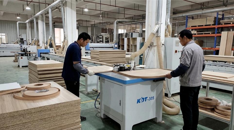 Línea de encolado de cantos curvos en fábrica de mueble con máquina KDT-305