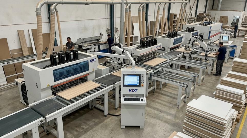 Línea de taladros múltiples CNC KDT integrada en proceso de mecanizado de tableros