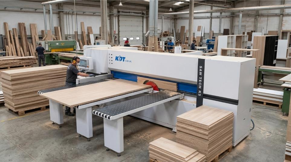 Seccionadora de tableros KDT KS-843L cortando panel de madera en taller industrial