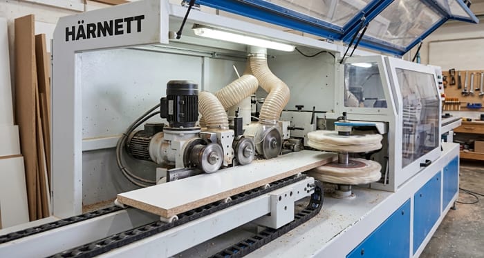 Grupo ribeteador y pulecantos de una máquina encoladora de cantos monolateral KDT en funcionamiento