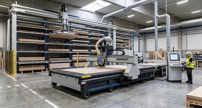 Línea CNC Nesting integrada con almacén inteligente para mecanizado de madera en producción industrial